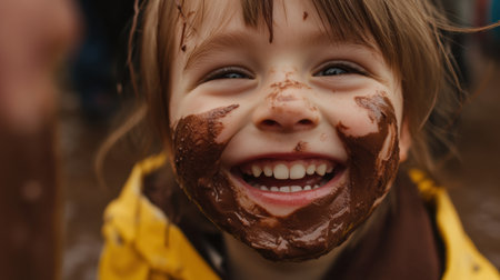 A cheerful child displays a chocolate-covered face, spreading happiness and delight, wearing a yellow jacket in a playful outdoor scene, embodying the essence of carefree childhood joy.の素材