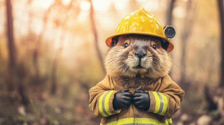 Adorable beaver dressed as a firefighter ready for action in a forest. This playful character adds humor and charm, promoting wildlife conservation and safety awareness.の素材