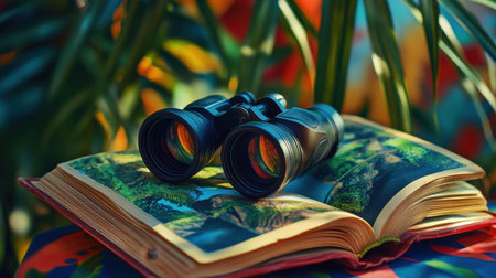 Close-up view of stylish binoculars placed on an open book, highlighting a serene nature scene against a vibrant background, perfect for exploration and adventure themes.の素材
