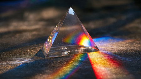 A stunning prism casting vibrant rainbow hues on a surface, demonstrating the beauty of light refraction and the interplay of colors in natural daylight.の素材