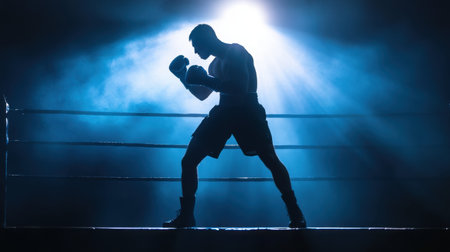 A powerful silhouette of a boxer in an intense moment of training, highlighted by dramatic lighting and smoke, showcasing strength and determination in the arena.の素材