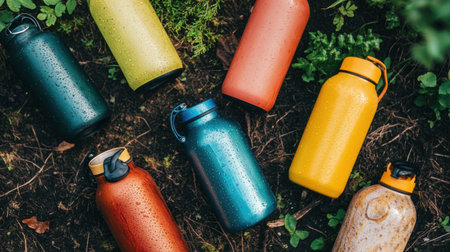 A striking display of colorful water bottles lays on the ground amidst lush greenery, highlighting eco-friendly choices for hydration in outdoor activities and adventures.の素材