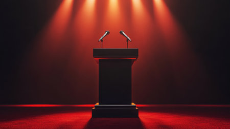 An empty podium with two microphones stands under striking red spotlight, perfect for settings focused on speeches, debates, or significant public events.の素材