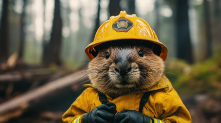 This charming image features a beaver dressed as a firefighter in protective gear, set against a beautiful forest backdrop, promoting fire safety awareness in wildlife.の素材
