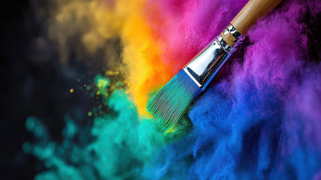 A captivating image of a paintbrush dispersing colorful powder in a vibrant explosion, showcasing creativity and artistic expression with a stunning and dynamic visual effect.の素材