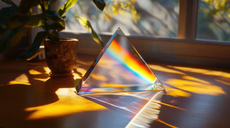 A stunning glass prism refracts sunlight into vibrant rainbow colors, creating a magical atmosphere in serene indoor settings with a potted plant nearby.の素材