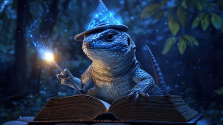 A whimsical lizard wearing a wizard hat holds a glowing wand above an open book amidst a dark, enchanted forest, creating a captivating magical atmosphere.の素材