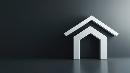 This minimalist image showcases a simplistic house structure created with geometric shapes against a dark background, ideal for concepts in real estate, home design, and architecture.の素材