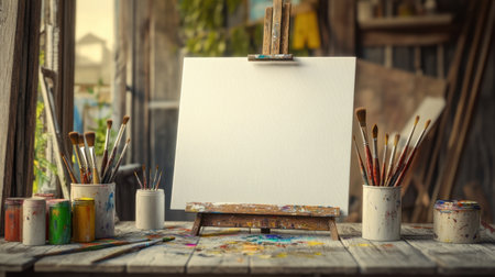 A serene artist studio featuring a blank canvas on an easel, surrounded by vibrant paint jars and brushes. Perfect for creative projects and inspiration.の素材