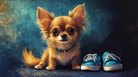 This charming image features an adorable chihuahua puppy with big, expressive eyes, sitting next to stylish blue sneakers against a textured background, radiating joy and playfulness.の素材