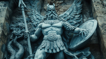 A stunning stone sculpture depicts a winged warrior holding a spear and shield, exuding strength and bravery against a textured ancient wall, creating a striking visual impact.の素材