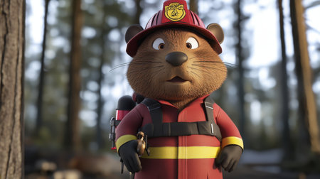 A charming cartoon beaver character in a firefighter uniform stands in a serene forest, highlighting themes of adventure, safety, and community service in a playful environment.の素材