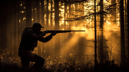 A dynamic silhouette of a hunter aiming with a rifle in a misty forest during sunrise, illustrating the beauty and excitement of hunting in nature's serene environment.の素材