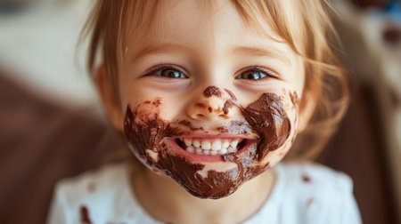 A cheerful little child joyfully plays with chocolate, showcasing a big smile and bright eyes. This playful moment captures the essence of innocence and joy in childhood.の素材