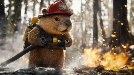 A charming beaver in a firefighter outfit prepares to battle flames in a dramatic forest setting, emphasizing the theme of bravery in nature's fight against wildfires.の素材