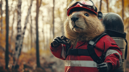 This whimsical image features a beaver dressed as a firefighter, equipped with a helmet and backpack, set in a vibrant forest, embodying teamwork and adventure in a humorous way.の素材