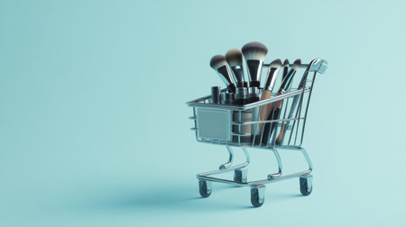 A stylish shopping cart filled with various makeup brushes, set against a soft blue background, perfect for beauty industry visuals and marketing materials.の素材