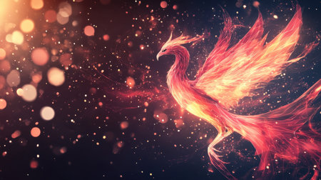 Experience the enchanting beauty of a fiery phoenix, radiating vibrant colors in a captivating dreamscape filled with enchanting bokeh effects and a surreal atmosphere.の素材