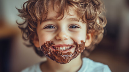 A cheerful child with curly hair delights in a sweet treat, playfully covered in chocolate, capturing the essence of joy and innocence in a bright indoor setting.の素材