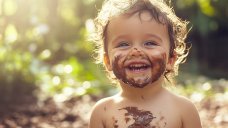 A joyful child covered in chocolate smiles brightly, embodying playful innocence against a lively garden backdrop, celebrating the simple pleasures of childhood in warm sunlight.の素材