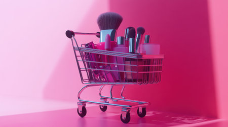 A stylish shopping cart filled with an array of beauty products and brushes, set against a striking pink background, perfect for cosmetic marketing and advertising.の素材