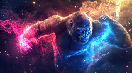 This striking image showcases a powerful gorilla surrounded by swirling energy, embodying strength and ferocity against an abstract and colorful backdrop. Perfect for creative projects.の素材
