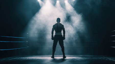 A powerful silhouette of a boxer stands in a dimly lit ring, surrounded by bright spotlights and swirling smoke, symbolizing strength and the spirit of competition.の素材