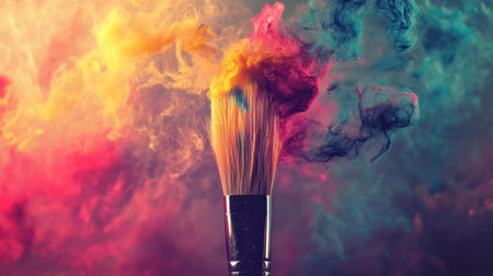 A makeup brush emerges from a vivid swirl of colorful smoke, creating a dynamic and eye-catching visual perfect for artistic or beauty themes.の素材