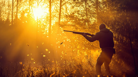 A silhouette of a hunter aiming a shotgun during a stunning sunrise in the forest, showcasing the peaceful beauty of nature and the thrill of outdoor sports.の素材
