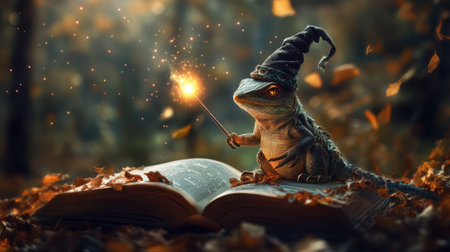A whimsical lizard dressed as a wizard casts a spell in an enchanting forest. Surrounded by autumn leaves, it sits on an ancient book, evoking a magical atmosphere.の素材