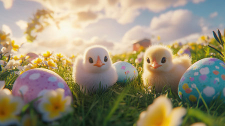 Two adorable chicks sit among decorated Easter eggs in a vibrant meadow, bringing joy and innocence to the enchanting spring scene filled with colorful flowers.の素材