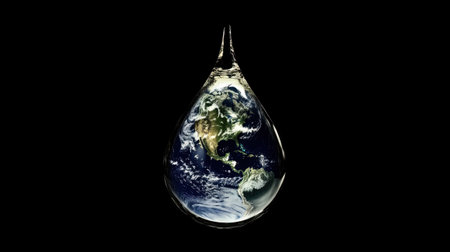 An artistic representation of a water droplet encapsulating the Earth, highlighting the beauty and fragility of our planet while emphasizing environmental preservation and sustainability.の素材