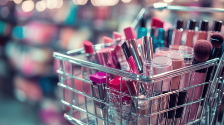 A vibrant shopping cart overflowing with an assortment of cosmetic products, highlighting lipsticks, glosses, and makeup brushes against a soft, blurred backdrop of beauty items.の素材