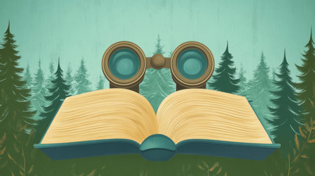 This artistic illustration features an open book with binoculars, set against a serene forest backdrop, representing the harmony between knowledge, exploration, and nature.の素材