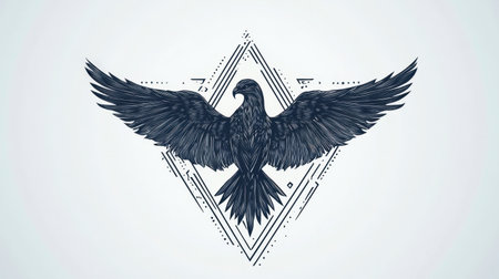Unique black eagle illustration with wings fully spread inside a geometric frame, perfect for artistic projects, branding, and nature-themed designs.の素材
