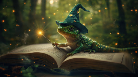 A whimsical lizard dressed as a wizard sits atop an open book casting spells in a magical forest filled with soft sparkles, creating an enchanting atmosphere of fantasy.の素材