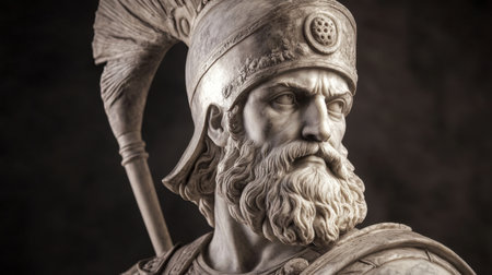 A captivating close-up view of a meticulously crafted marble statue depicting a strong ancient warrior, highlighting the intricate details of his helmet and beard, evoking a sense of history.の素材