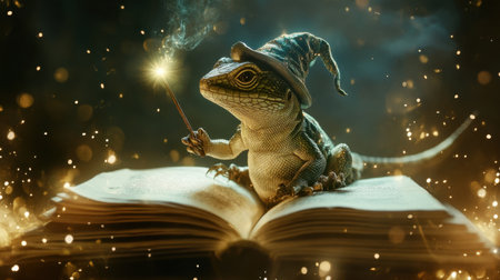 A whimsical lizard wearing a wizard hat casts spells from an ancient book, surrounded by magical sparks, creating a fantastical atmosphere filled with enchantment.の素材