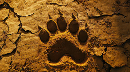 A stunning close-up of an animal paw print on dry cracked earth, showcasing the unique texture and natural beauty of the environment with a golden hue.の素材