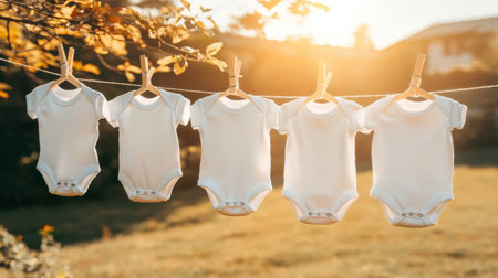 Adorable baby bodysuits hanging on a clothesline illuminated by warm sunlight, creating a serene outdoor atmosphere perfect for depicting childhood and parental love.の素材
