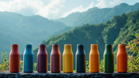 A lineup of colorful bottles against a beautiful mountain backdrop, showcasing vibrant hues that inspire creativity and a connection to nature's beauty.の素材
