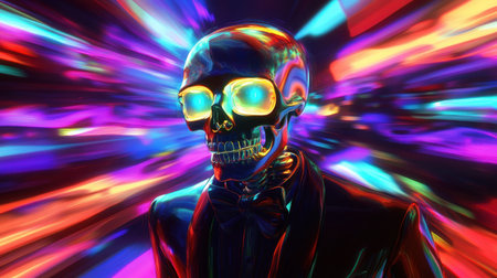 This striking artwork features a neon-lit skeleton with hypnotic glowing eyes, immersed in a whirlwind of colorful light, evoking a captivating and modern atmosphere.の素材