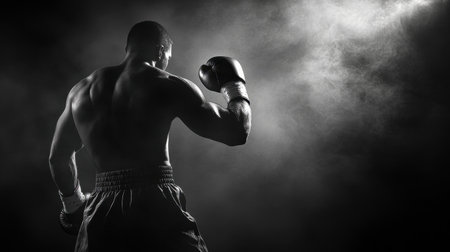 A powerful black and white image of a boxer in training, showcasing strength and determination against a smoky backdrop. Perfect for sports and fitness themes.の素材