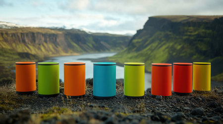 A striking array of colorful cylindrical containers stands prominently against a stunning Icelandic landscape featuring a river and majestic mountains, capturing nature's allure and design.の素材