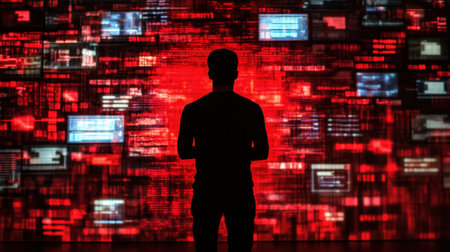 A striking silhouette of a person stands before a vibrant red digital background filled with screens showcasing code and numbers, symbolizing themes of technology and cybersecurity.の素材