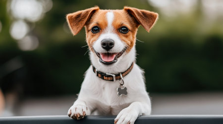 This charming dog displays a playful and happy demeanor in a sunny outdoor setting, capturing the joy of companionship with its adorable smile and lively presence.の素材