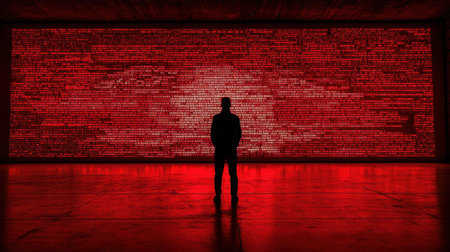 A solitary figure faces a vibrant red digital wall, filled with intricate patterns and numeric data, evoking themes of technology, innovation, and modern artistry.の素材