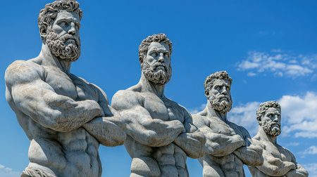 This striking image features four powerful stone statues of muscular men, each with a beard, standing proudly against a vibrant blue sky, symbolizing strength and artistry in sculpture.の素材
