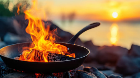 A mesmerizing scene of flames coming alive in a cooking pan beside a serene water body at sunset, creating a perfect ambiance for outdoor cooking and relaxation.の素材