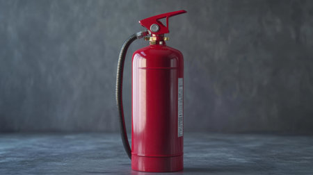 A striking red fire extinguisher positioned on a textured dark background symbolizes safety and emergency preparedness, highlighting its vital role in fire prevention and response.の素材